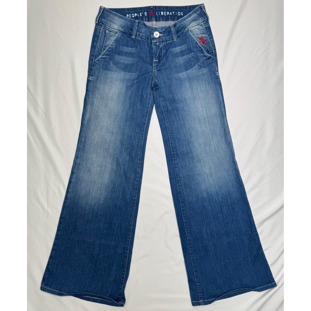 Peoples Liberation Womens Wide Leg Jeans Blue Star Embroidery Size 25 USA Made